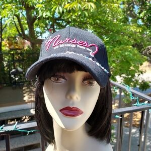 Black Embroidered 'Nurses' Baseball Cap with Multicolor Bead Detail